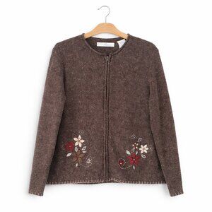 PENMAN'S | Brown & Floral Embroidered Knit Zipup Sweater - Medium